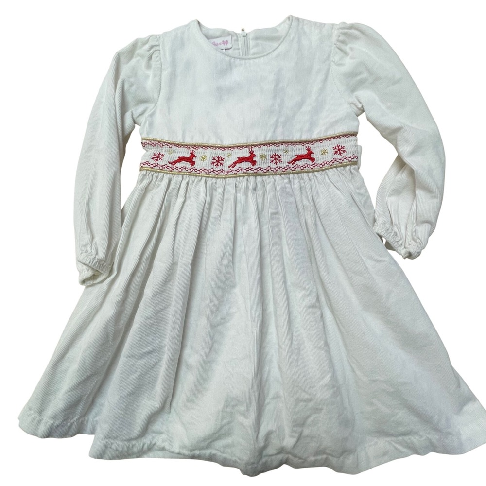 Bonnie Jean‎ Girls Corduroy Christmas Dress Reindeer Smocked Waist White Size 3T